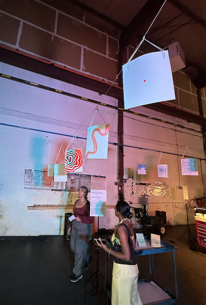 Hanging zine spreads at Motor Way Studio launch party