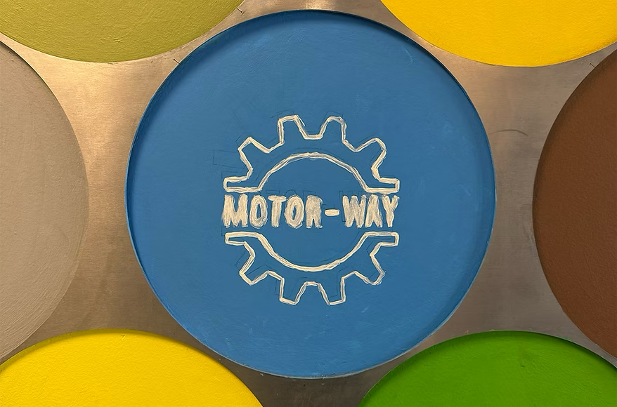 Motor Way branded detail with colourful circular forms